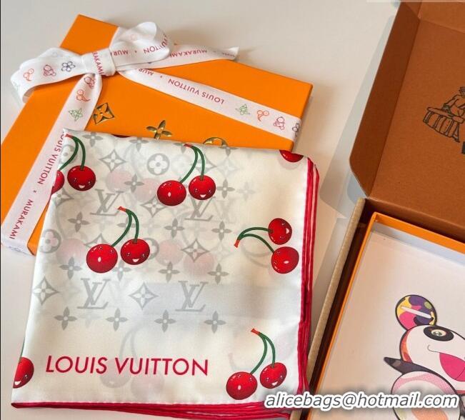 Top Quality Louis Vuitton LV x TM Cherry Cerise Silk Square Scarf 90x90cm L7050 White 2025