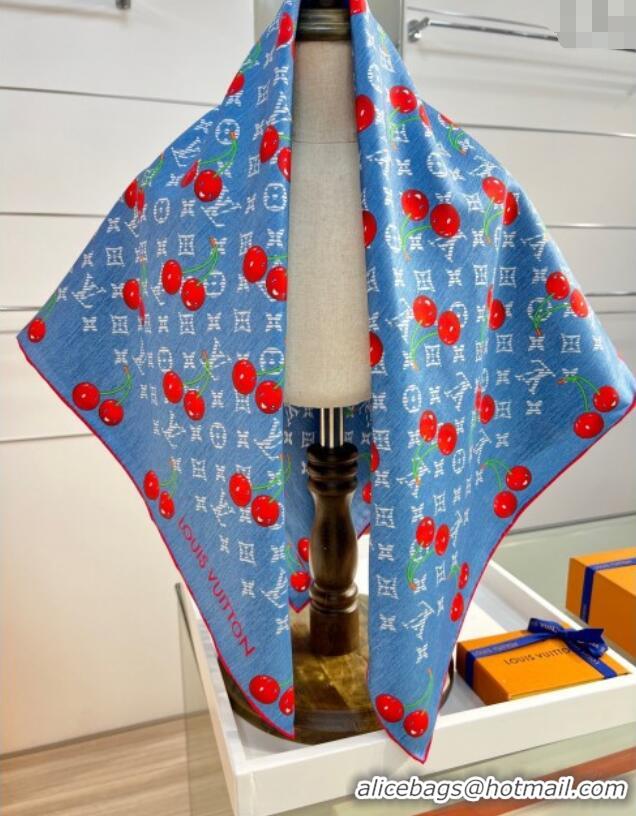 Grade Design Louis Vuitton LV x TM Cherry Cerise Silk Square Scarf 90x90cm 0618 Denim Blue 2025