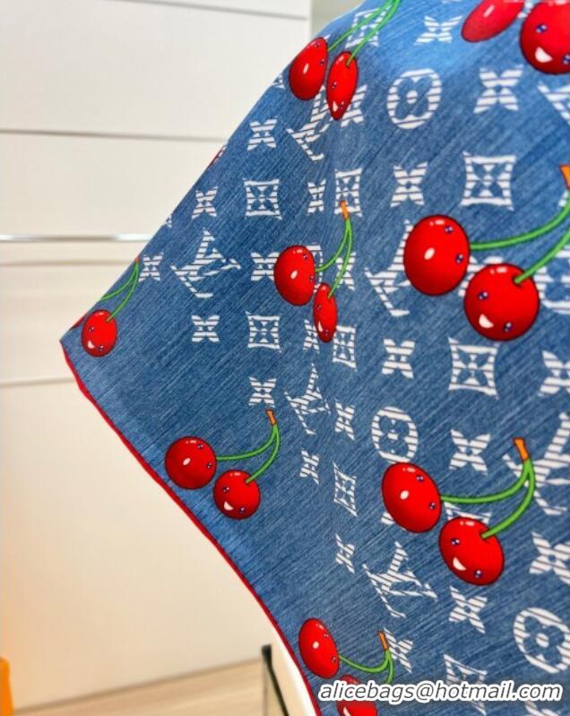 Grade Design Louis Vuitton LV x TM Cherry Cerise Silk Square Scarf 90x90cm 0618 Denim Blue 2025
