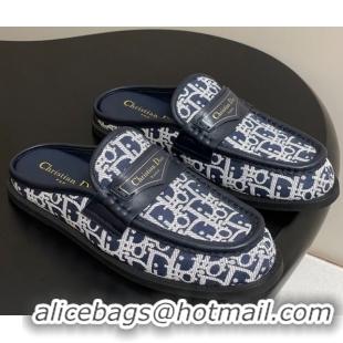 Best Grade Dior Boy Flat Mules in Cotton Embroidered with Dior Oblique Motif and Calfskin Panels Navy Blue 0605045