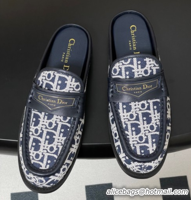 Best Grade Dior Boy Flat Mules in Cotton Embroidered with Dior Oblique Motif and Calfskin Panels Navy Blue 0605045