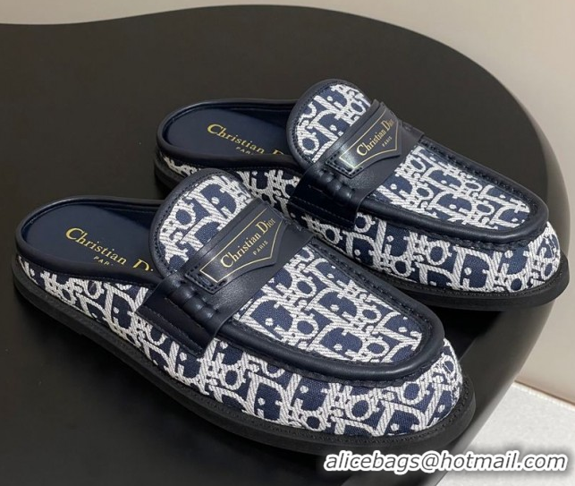Best Grade Dior Boy Flat Mules in Cotton Embroidered with Dior Oblique Motif and Calfskin Panels Navy Blue 0605045