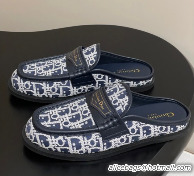 Best Grade Dior Boy Flat Mules in Cotton Embroidered with Dior Oblique Motif and Calfskin Panels Navy Blue 0605045