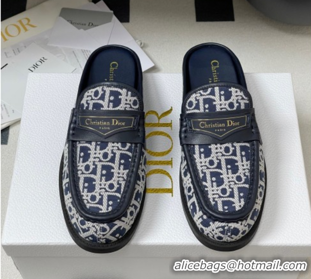 Best Grade Dior Boy Flat Mules in Cotton Embroidered with Dior Oblique Motif and Calfskin Panels Navy Blue 0605045