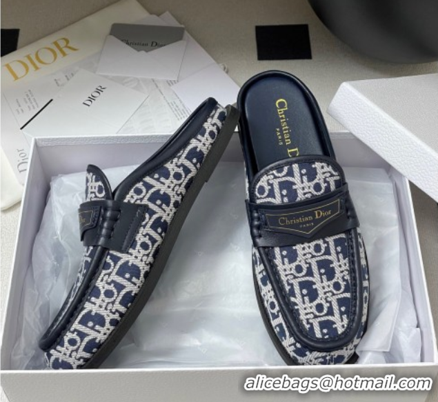 Best Grade Dior Boy Flat Mules in Cotton Embroidered with Dior Oblique Motif and Calfskin Panels Navy Blue 0605045