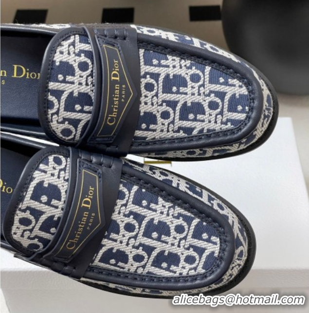 Best Grade Dior Boy Flat Mules in Cotton Embroidered with Dior Oblique Motif and Calfskin Panels Navy Blue 0605045