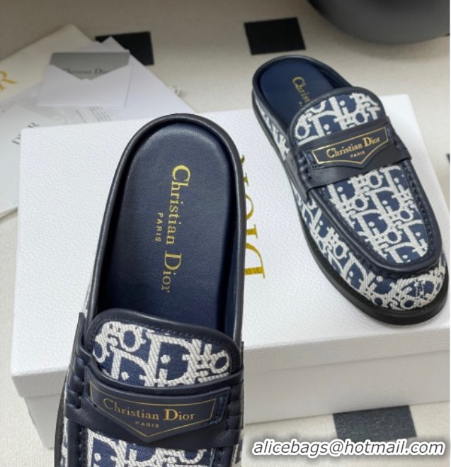 Best Grade Dior Boy Flat Mules in Cotton Embroidered with Dior Oblique Motif and Calfskin Panels Navy Blue 0605045