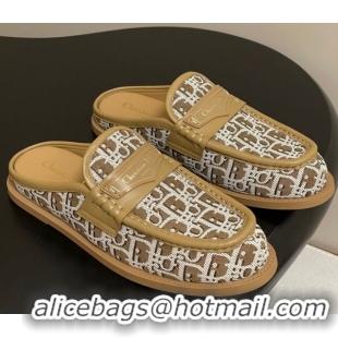 Good Quality Dior Boy Flat Mules in Cotton Embroidered with Dior Oblique Motif and Calfskin Panels Brown 0605047