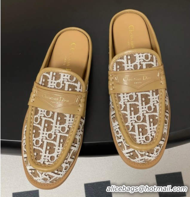 Good Quality Dior Boy Flat Mules in Cotton Embroidered with Dior Oblique Motif and Calfskin Panels Brown 0605047