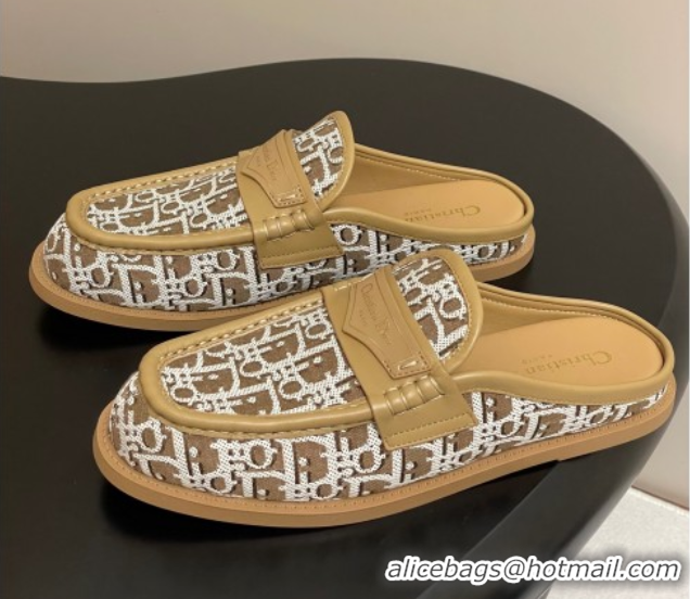 Good Quality Dior Boy Flat Mules in Cotton Embroidered with Dior Oblique Motif and Calfskin Panels Brown 0605047