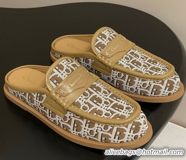 Good Quality Dior Boy Flat Mules in Cotton Embroidered with Dior Oblique Motif and Calfskin Panels Brown 0605047