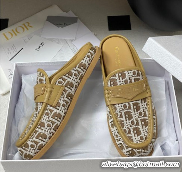 Good Quality Dior Boy Flat Mules in Cotton Embroidered with Dior Oblique Motif and Calfskin Panels Brown 0605047