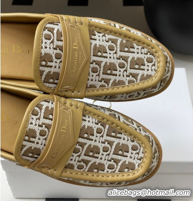 Good Quality Dior Boy Flat Mules in Cotton Embroidered with Dior Oblique Motif and Calfskin Panels Brown 0605047