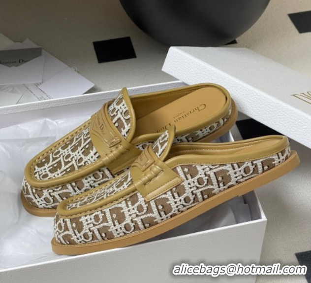 Good Quality Dior Boy Flat Mules in Cotton Embroidered with Dior Oblique Motif and Calfskin Panels Brown 0605047