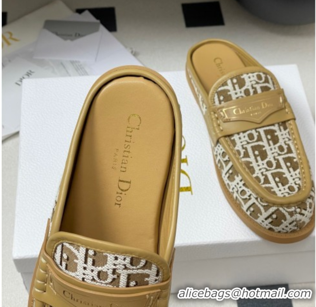 Good Quality Dior Boy Flat Mules in Cotton Embroidered with Dior Oblique Motif and Calfskin Panels Brown 0605047