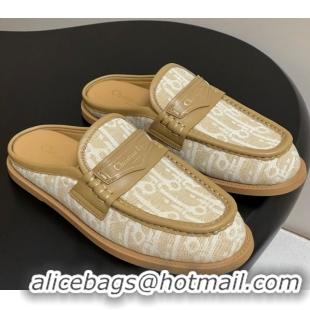 Buy Discount Dior Boy Flat Mules in Cotton Embroidered with Dior Oblique Motif and Calfskin Panels Beige 0605048