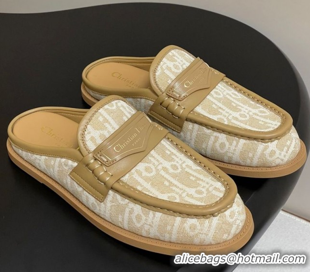 Buy Discount Dior Boy Flat Mules in Cotton Embroidered with Dior Oblique Motif and Calfskin Panels Beige 0605048