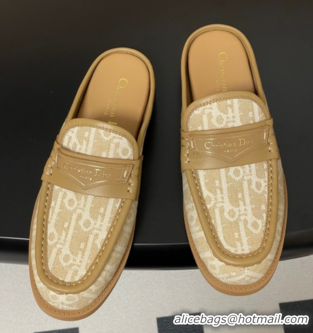 Buy Discount Dior Boy Flat Mules in Cotton Embroidered with Dior Oblique Motif and Calfskin Panels Beige 0605048