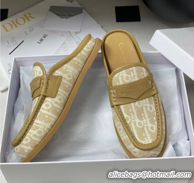 Buy Discount Dior Boy Flat Mules in Cotton Embroidered with Dior Oblique Motif and Calfskin Panels Beige 0605048
