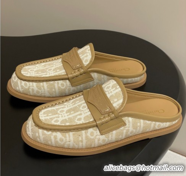 Buy Discount Dior Boy Flat Mules in Cotton Embroidered with Dior Oblique Motif and Calfskin Panels Beige 0605048
