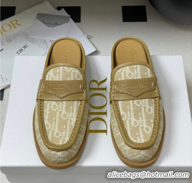 Buy Discount Dior Boy Flat Mules in Cotton Embroidered with Dior Oblique Motif and Calfskin Panels Beige 0605048