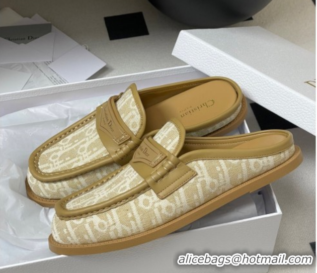 Buy Discount Dior Boy Flat Mules in Cotton Embroidered with Dior Oblique Motif and Calfskin Panels Beige 0605048