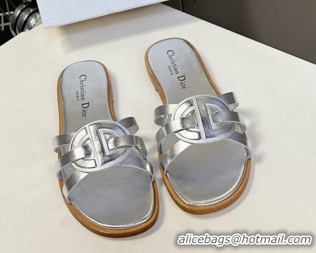 Purchase Dior D-Club Flat Slides Sandal in Calfskin Leather Silver 0605049