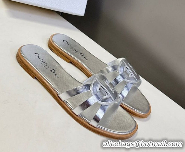 Purchase Dior D-Club Flat Slides Sandal in Calfskin Leather Silver 0605049