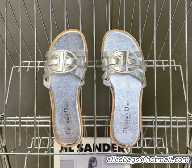Purchase Dior D-Club Flat Slides Sandal in Calfskin Leather Silver 0605049