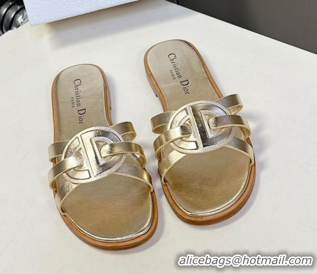 Best Price Dior D-Club Flat Slides Sandal in Calfskin Leather Gold 0605050