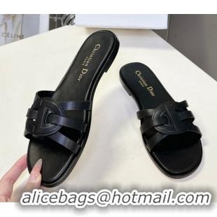 Good Quality Dior D-Club Flat Slides Sandal in Calfskin Leather Black 0605051