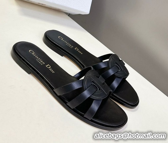 Good Quality Dior D-Club Flat Slides Sandal in Calfskin Leather Black 0605051