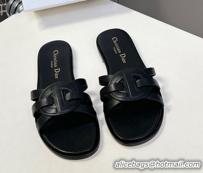 Good Quality Dior D-Club Flat Slides Sandal in Calfskin Leather Black 0605051