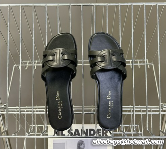 Good Quality Dior D-Club Flat Slides Sandal in Calfskin Leather Black 0605051