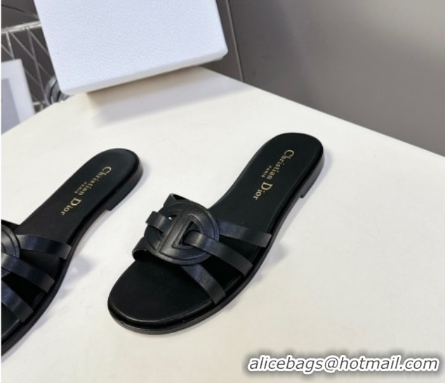 Good Quality Dior D-Club Flat Slides Sandal in Calfskin Leather Black 0605051