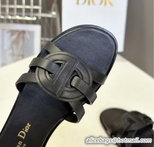 Good Quality Dior D-Club Flat Slides Sandal in Calfskin Leather Black 0605051