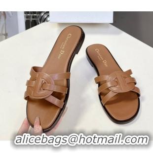 Shop Duplicate Dior D-Club Flat Slides Sandal in Calfskin Leather Brown 0605053