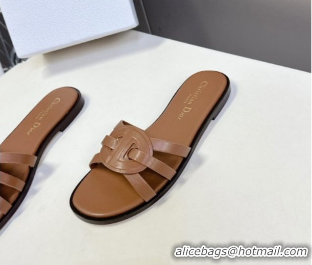 Shop Duplicate Dior D-Club Flat Slides Sandal in Calfskin Leather Brown 0605053