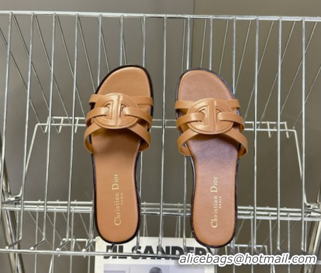 Shop Duplicate Dior D-Club Flat Slides Sandal in Calfskin Leather Brown 0605053