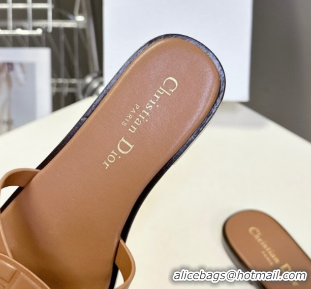 Shop Duplicate Dior D-Club Flat Slides Sandal in Calfskin Leather Brown 0605053