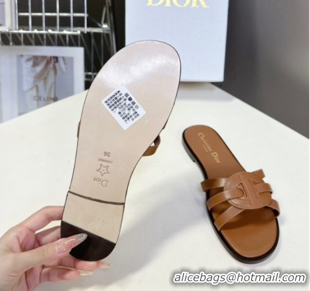 Shop Duplicate Dior D-Club Flat Slides Sandal in Calfskin Leather Brown 0605053