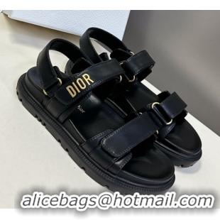 Pretty Style Dior Dioract Flat Strap Sandals in Calfskin Leather Black 0605055