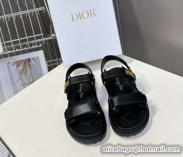Pretty Style Dior Dioract Flat Strap Sandals in Calfskin Leather Black 0605055