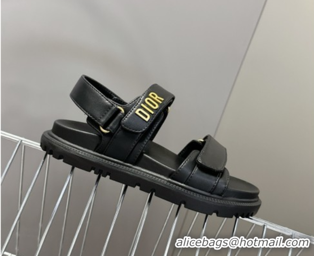 Pretty Style Dior Dioract Flat Strap Sandals in Calfskin Leather Black 0605055