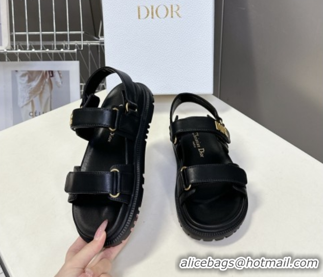 Pretty Style Dior Dioract Flat Strap Sandals in Calfskin Leather Black 0605055