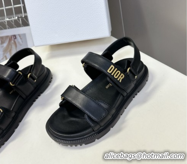Pretty Style Dior Dioract Flat Strap Sandals in Calfskin Leather Black 0605055