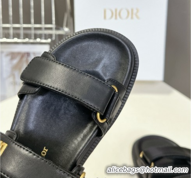 Pretty Style Dior Dioract Flat Strap Sandals in Calfskin Leather Black 0605055