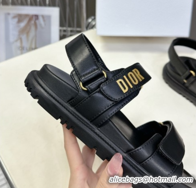 Pretty Style Dior Dioract Flat Strap Sandals in Calfskin Leather Black 0605055