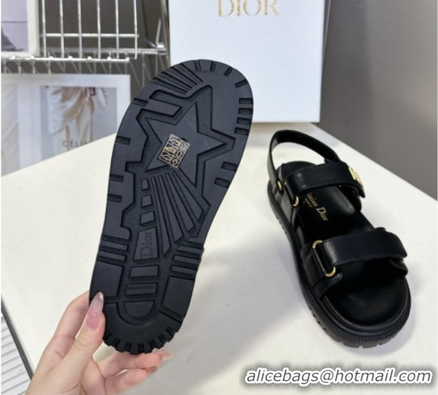 Pretty Style Dior Dioract Flat Strap Sandals in Calfskin Leather Black 0605055