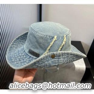 Luxury Cheap Louis Vuitton Denim Bucket Hat with Fringe 0617 Light Blue 2025